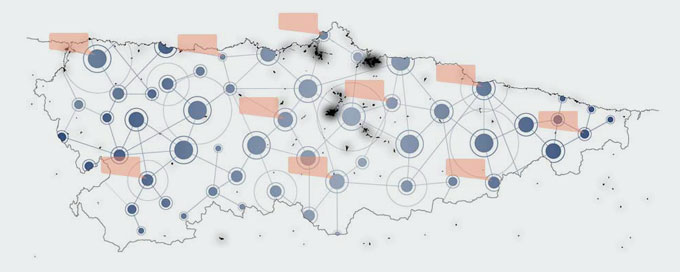 Mapa de Asturia mostrando una red con nodos comunicando