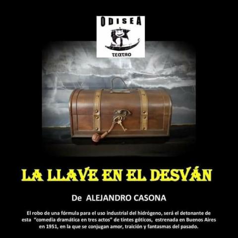 Cartel de la obra con un baúl con las llaves puestas.