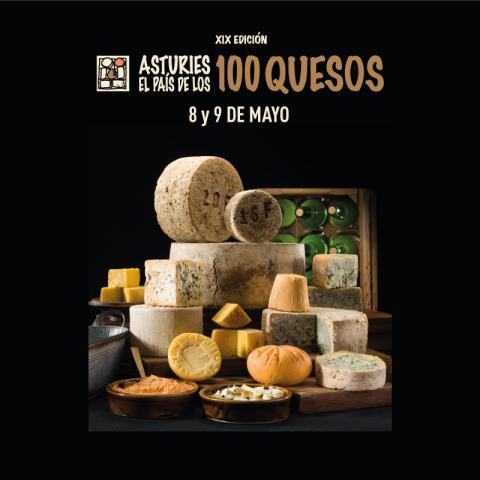 Cartel del evento Asturies el país de los 100 quesos compuesto por un fondo negro, un bodegón de quesos asturianos en el medio y el logo del evento en la parte superior