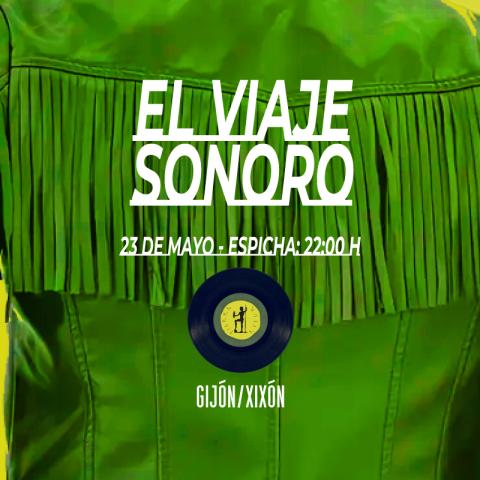 Cartel de la espicha de mayo en tierra astur gijón con un fondo en el que aparece una chaqueta verde con flecos y el título, la fecha y el lugar en blanco