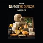 Cartel del evento Asturies el país de los 100 quesos compuesto por un fondo negro, un bodegón de quesos asturianos en el medio y el logo del evento en la parte superior